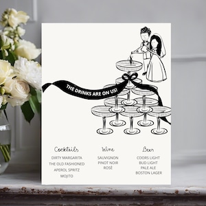 Drinks Menu Template printable, Handwritten Wedding Bar Menu, Drinks wedding menu drawn, whimsical the drinks are on us bar sign engagement