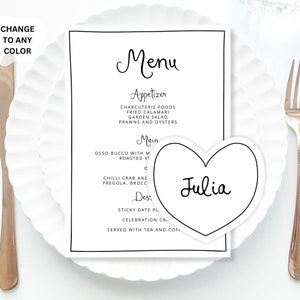 Heart Place Cards and menu Template, Whimsical PlaceCard heart Place Card with menu, Editable Table menu, Fancy Bridal shower placecard