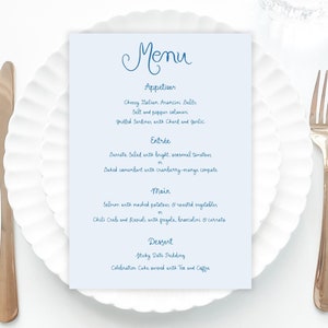 Whimsical Wedding Menu Template printable, Handwritten wedding party food menu, Hand drawn wedding menu blue wedding decor