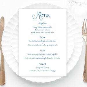 Whimsical Wedding Menu Template printable, Handwritten wedding party food menu, Hand drawn wedding menu blue wedding decor