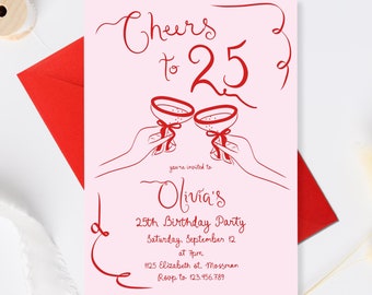 25th Birthday Invitation, Whimsical Twenty Five Birthday Invite, Red Pink Editable Adult Party Invitation hand drawn 25th Birthday invite 25