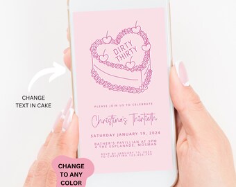 Illustrated 30th Birthday Invitation Template, Heart Cake Invitation Hand Drawn Illustration 30th birthday Invites, Thirty Invite template