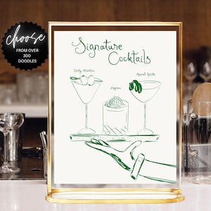 Drink Bar Menu Template printable, Hand drawn line art illustrated bar menu, Wedding menu  Editable scribble menu French style Green menu