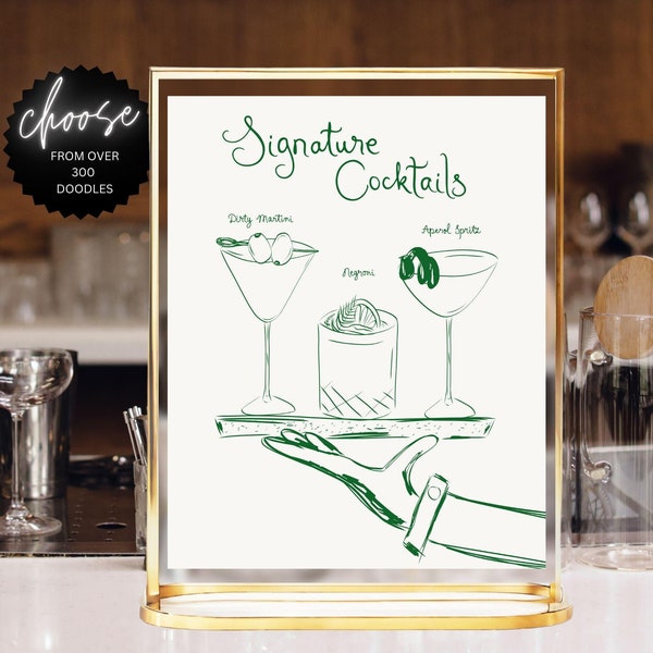 Drink Bar Menu Template printable, Hand drawn line art illustrated bar menu, Wedding menu  Editable scribble menu French style Green menu