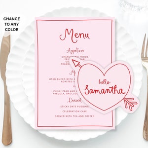 Pink heart Place Cards and menu Template, Whimsical PlaceCard heart Place Card with menu, Editable Table menu, Fancy Bridal shower placecard