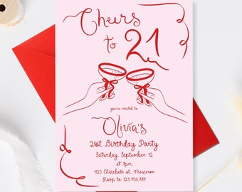 21st Birthday Invitation, Whimsical Twenty One Birthday Invite, Red Pink Editable Adult Party Invitation, hand drawn 21st Birthday invite