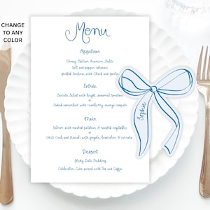 Blue Bow Place Cards and menu Template, Whimsical PlaceCard heart Place Card with menu, Editable Table menu, Fancy Bridal shower placecard
