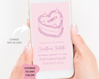 Illustrated 30th Birthday Invitation Template, Heart Cake Invitation Hand Drawn Illustration 30th birthday Invites, Thirty Invite template
