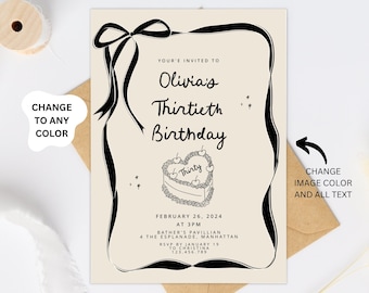 Illustrated 30th Birthday Invitation Template, Heart Cake Invitation Hand Drawn Illustration 30th birthday Invites, Thirty Invite template