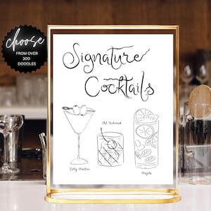 Drink Bar Menu Template printable, Hand drawn line art illustrated bar menu, Wedding menu  Editable scribble menu French style menu