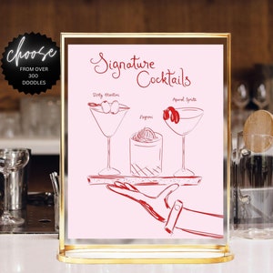 Pink Drink Bar Menu Template printable, Hand drawn line art illustrated bar menu, Pink Wedding menu  Editable scribble menu French style