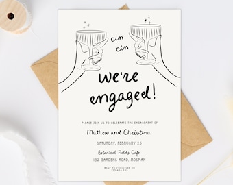 Hand Drawn Engagement Party Invitation, Scribble Illustration, Handwritten Vintage Style Fancy Wine glasses engagement invite, We're engaged