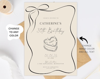 Illustrated 30th Birthday Invitation Template, Heart Cake Invitation Hand Drawn Illustration 30th birthday Invites, Thirty Invite template