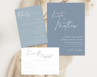Dusty Blue Wedding Invitations, Wedding Invitation Suite Template, Wedding Invitation Template With Photo, Boho Wedding Invitation Set