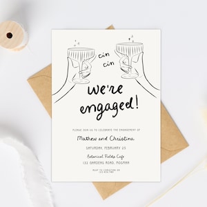 Hand Drawn Engagement Party Invitation, Scribble Illustration, Handwritten Vintage Style Fancy Wine glasses engagement invite, We&#39;re engaged
