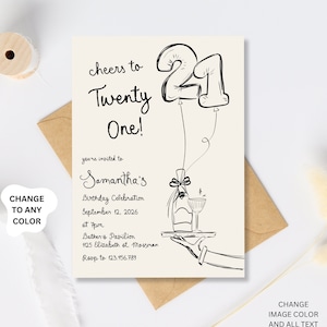 21st Birthday Invitation, Whimsical Twenty One Birthday Invite, Beige Editable Adult Party Invitation, hand drawn 21st Birthday invite