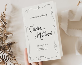 Puede incluir: Una invitación de boda blanca con un borde negro y caligrafía que dice "bienvenidos a la boda de Olivia + Matthew" y la fecha "11 de febrero de 2025".