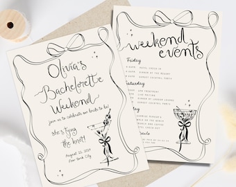 May include: A black and white illustrated invitation for a hen do weekend. The invitation features a martini glass with olives and a bow, and the text "Olivia's Bachelorette Weekend" and "She's tying the knot!"  The invitation also includes a schedule of events for the weekend, including a spa treatment, live music, and a sunset cocktail party.