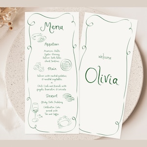 Whimsical Wedding Menu Template printable, Hand drawn line art illustrated wedding party food menu, Modern wedding menu scribble menu icons