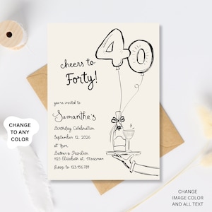 40th Birthday Invitation Template, 40th birthday invite, Hand Drawn Illustration 40th birthday Invites, Whimsical Forty Invite template