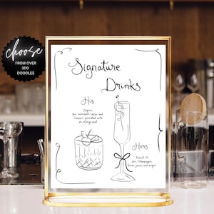 Drink Bar Menu Template printable, Hand drawn line art illustrated bar menu, Wedding menu  Editable scribble menu French style