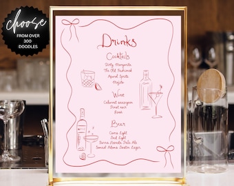 Pink Drink Bar Menu Template printable, Hand drawn line art illustrated bar menu, Pink Wedding menu  Editable scribble menu French style