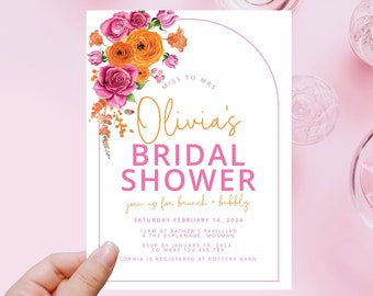 Colorful floral bridal shower invitation template, wildflower bridal shower invites spring garden bridal shower pink orange et100