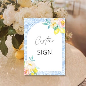 Blue Tiles and Lemon Wedding Custom Sign Editable, Wedding Sign Template, Editable, Mediterranean Wedding Table Poster, Download et59