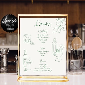 Drink Bar Menu Template printable, Hand drawn line art illustrated bar menu, Wedding menu  Editable scribble menu French style Green menu