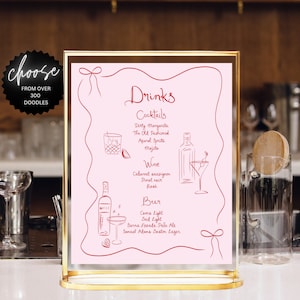 Pink Drink Bar Menu Template printable, Hand drawn line art illustrated bar menu, Pink Wedding menu  Editable scribble menu French style