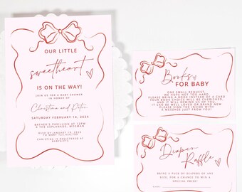May include: A pink and rose gold baby shower invitation with a bow and the text "Our Little Sweetheart is on the way!"  The invitation includes details for a baby shower in honour of Christina and Peter on Saturday, February 14, 2024 at 12pm at Bather's Pavillion, 4 The Esplanade, Mosman. RSVP by 19 January 2024 to Mary 123-456-789. Christina is registered at Babygifts.  There are also two additional cards, one for a book request and one for a diaper raffle.