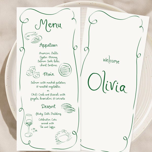 Whimsical Wedding Menu Template printable, Hand drawn line art illustrated wedding party food menu, Modern wedding menu scribble menu icons