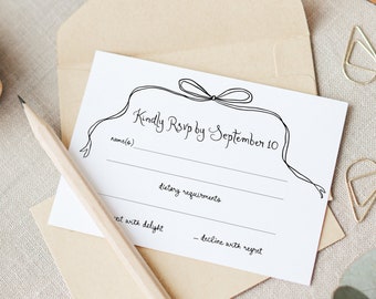 Whimsical Wedding RSVP card template, RSVP card template, simple wedding response, black & white bow handwriting style RSVP digital download