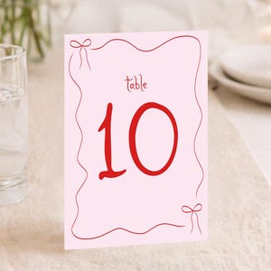 Hand drawn Table Number Template, Printable Red Table Numbers, Pink Table Numbers Wedding, French style drawn bow Table Number red and pink