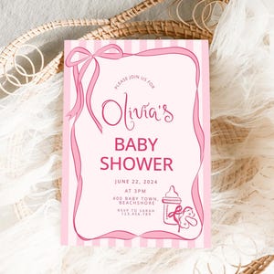 Hand Drawn Baby Shower Invitation Template, Whimsical bow baby shower Handwritten pink invite Whimsical Baby Brunch Bow Baby girl invitation