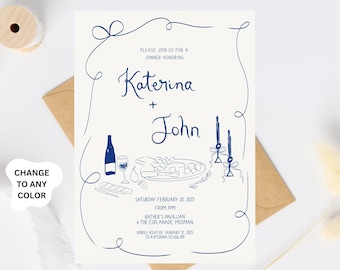 May include: A white invitation card with blue ink. The card features a hand-drawn illustration of a bottle of wine, a cheese plate, and candles. The text on the card reads "Please join us for a dinner honoring Katerina + John. Saturday February 20, 2025 from 7pm. Bather's Pavillian 4 The Esplanade, Mosman. Kindly RSVP by January 12, 2025 to Katerina 123.456.789."