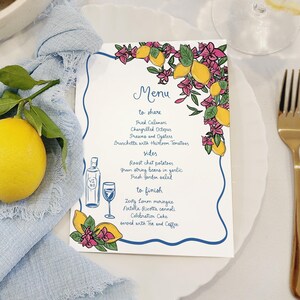 Lemon bridal shower Menu Template printable, Hand drawn line art illustrated wedding menu lemon Spritz, Amalfi coast wedding menu scribble