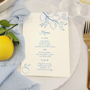 Lemon bridal shower Menu Template printable, Hand drawn line art illustrated wedding menu lemon Spritz, Amalfi coast wedding menu scribble