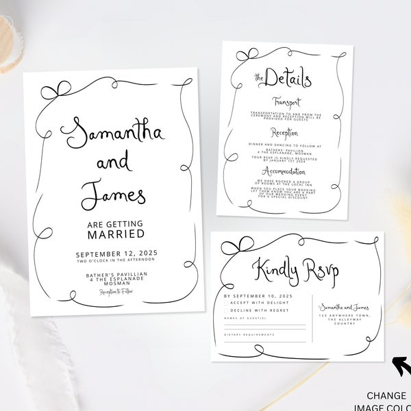 Wedding Invitation template with RSVP, Funky Wedding Invite Suite, Whimsical wedding Invite, Hand drawn bow Invite wedding Template et647