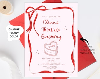 Illustrated 30th Birthday Invitation Template, Heart Cake Invitation Hand Drawn Illustration 30th birthday Invites, Thirty Invite template