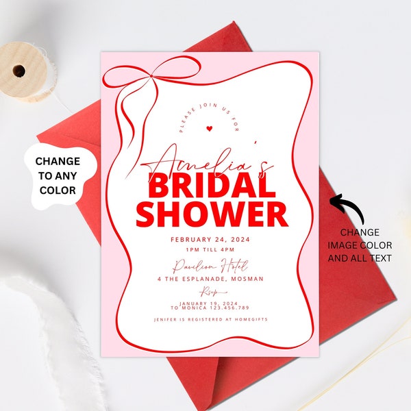 Bridal shower invitation red and pink wave invitation template, Bridal shower invitation template, Pretty Bow Red Bridal Shower invite Hen's