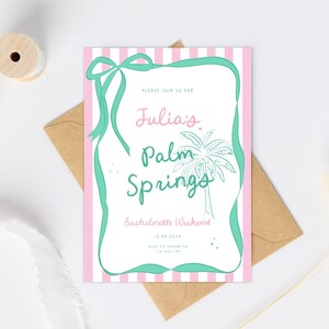 Palm Springs Bachelorette Party Invite Template, Pink Bachelorette Weekend Invitation, Wavy Invite Pretty Bow Trendy Hens invite Itinerary