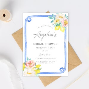 Mediterranean Lemon Bridal Shower Invitation Template, Italian Blue Bridal Shower Arch Invite, Main Squeeze, Instant Download, Amalfi et59