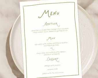 Green Wedding Menu Template, Handwritten Printable Reception Menu, Editable Dinner Menu, Bridal Shower, Engagement, Rehearsal Dinner menu