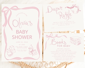 May include: Pink and white baby shower invitation with a pink ribbon border. The invitation includes the text "Olivia's Baby Shower" and details about the event. There are also three cards for a diaper raffle, books for baby, and a gift registry.