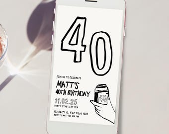 40th Birthday Invitation Template, 40th birthday invite Male 40th birthday Invites, Whimsical Forty Invite template beer male invite black