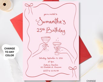 25th Birthday Invitation, Whimsical Twenty Five Birthday Invite, Red Pink Editable Adult Party Invitation hand drawn 25th Birthday invite 25