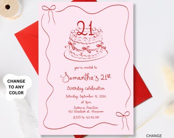 21st Birthday Invitation, Whimsical Twenty One Birthday Invite, Red Pink Editable Adult Party Invitation, hand drawn 21st Birthday invite