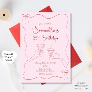 25th Birthday Invitation, Whimsical Twenty Five Birthday Invite, Red Pink Editable Adult Party Invitation hand drawn 25th Birthday invite 25