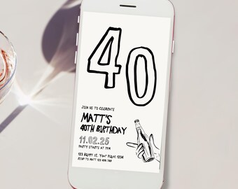 40th Birthday Invitation Template, 40th birthday invite Male 40th birthday Invites, Whimsical Forty Invite template beer male invite black